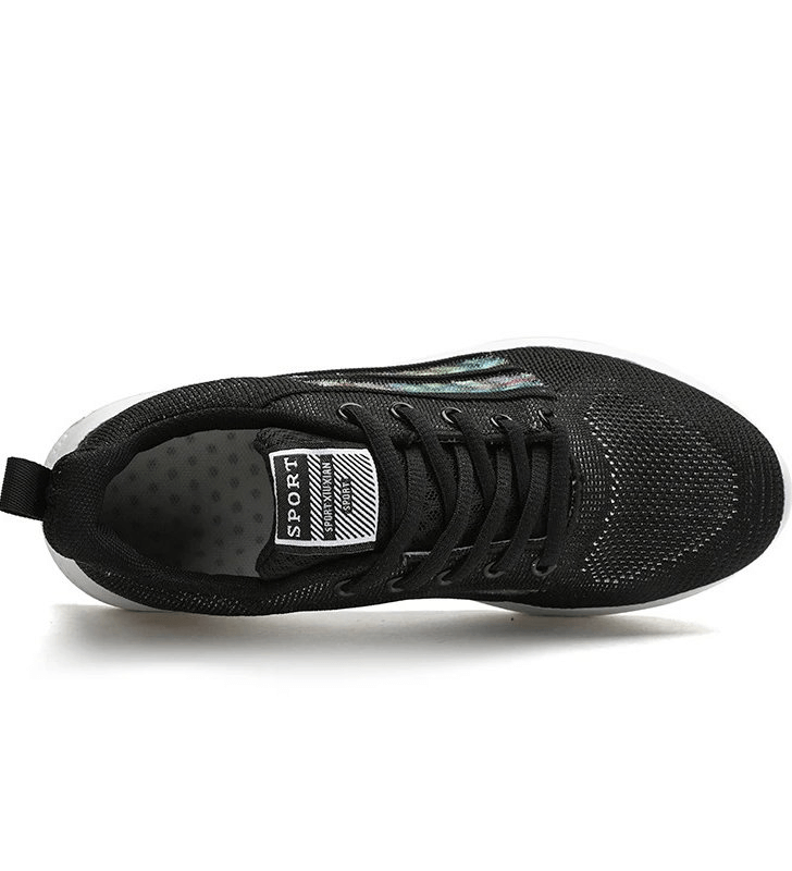 Top view of black Sports Mesh Breathable Women's Shoes, showing mesh fabric and lace-up detail, perfect for running and training.